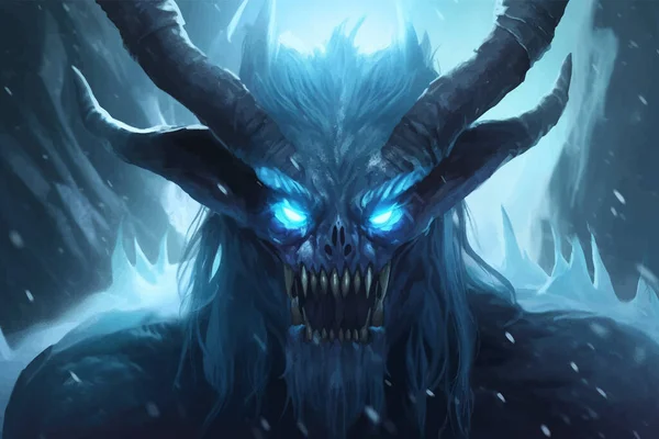 Ice demon with icy blue skin and glowing blue eyes. Fantasy monster with horns and sharp teeth. Dangerous creature. Legend Powerful monster. The Lord of darkness. 3d digital art