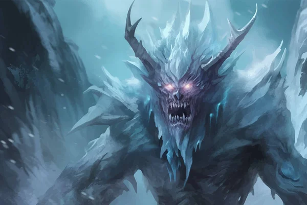 Ice demon with  icy blue skin and glowing red eyes. Fantasy monster with horns and sharp teeth. Dangerous creature. Legend Powerful monster. The Lord of darkness. 3d digital art
