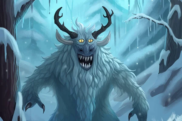 Bigfoot. Ice demon. Fantasy monster with horns and sharp teeth. Dangerous creature. Legend Powerful monster. Cartoon character. 3d digital art