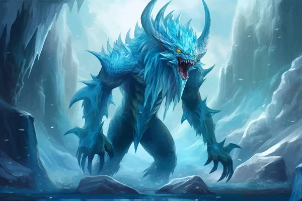 Ice demon with  icy blue skin and glowing red eyes. Fantasy monster with horns and sharp teeth. Dangerous creature. Legend Powerful monster. The Lord of darkness. 3d digital art