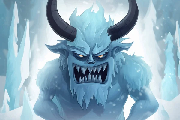Bigfoot. Ice demon. Fantasy monster with horns and sharp teeth. Dangerous creature. Legend Powerful monster. Cartoon character. 3d digital art
