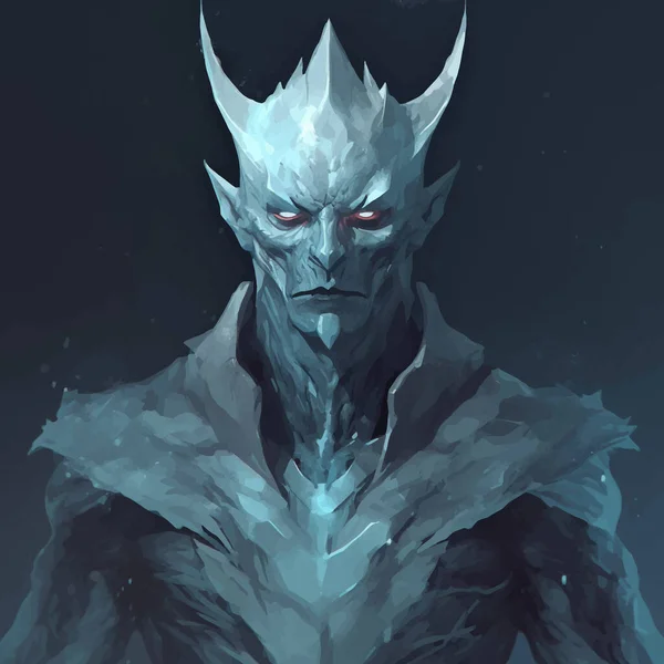 Ice demon with icy blue skin and glowing red eyes. Fantasy monster with horns. Dangerous creature. Legend Powerful monster. The Lord of darkness. 3d digital art