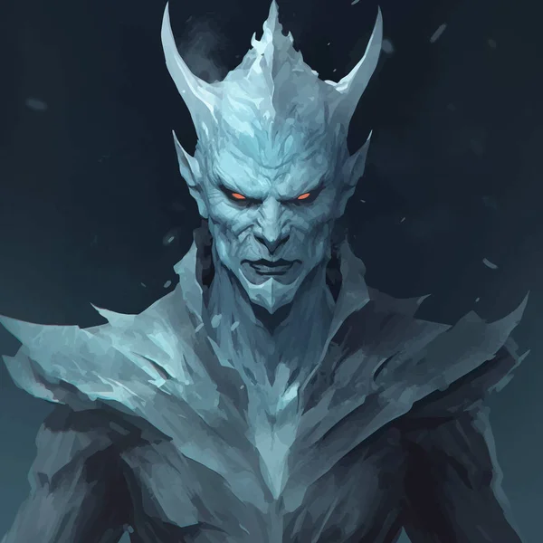 Ice demon with icy blue skin and glowing red eyes. Fantasy monster with horns. Dangerous creature. Legend Powerful monster. The Lord of darkness. 3d digital art