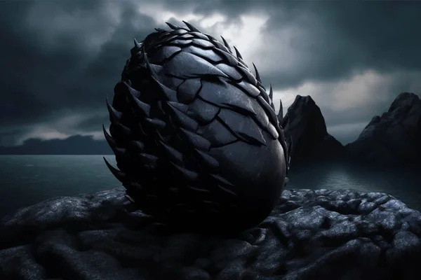 Fantasy Black Dragon Egg. Decorative egg with a pattern is lying on a rock against the background of the sky with clouds. Legend and Fairy Tale. Colorful 3D Digital painting