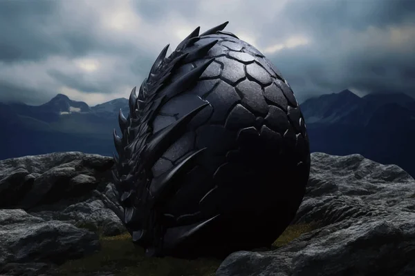 Fantasy Black Dragon Egg. Decorative egg with a pattern is lying on a rock against the background of the sky with clouds. Legend and Fairy Tale. Colorful 3D Digital painting