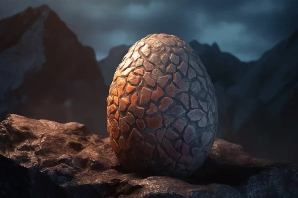 Fantasy Dragon Egg. Decorative egg with a pattern is lying on a rock against the background of the sky with clouds. Legend and Fairy Tale. Colorful 3D Digital painting