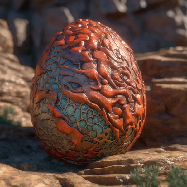 Fantasy Orange Dragon Egg. Decorative egg with a pattern is lying on a rock against the background of the sky with clouds. Legend and Fairy Tale. Colorful 3D Digital painting