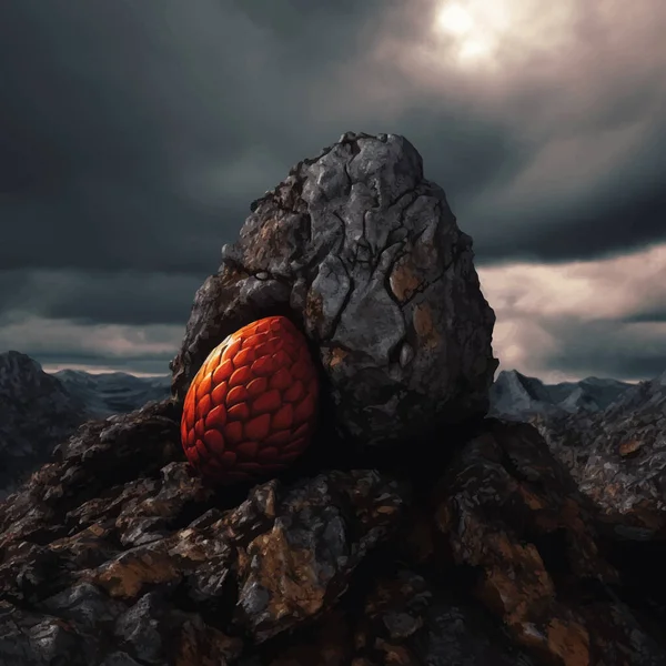 Fantasy Black and Red Dragon Egg. Decorative egg with a pattern is lying on a rock against the background of the sky with clouds. Legend and Fairy Tale. 3D Digital painting