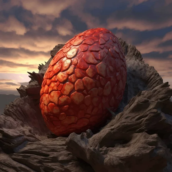 Fantasy Red Dragon Egg. Decorative egg with a pattern is lying on a rock against the background of the sky with clouds. Legend and Fairy Tale. Colorful 3D Digital painting