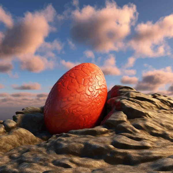 Fantasy Red Dragon Egg. Decorative egg with a pattern is lying on a rock against the background of the sky with clouds. Legend and Fairy Tale. Colorful 3D Digital painting