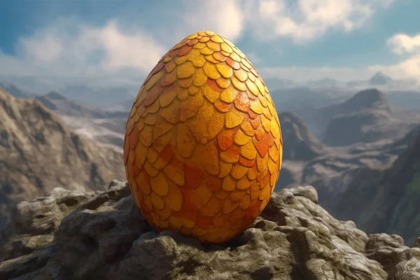 Fantasy Yellow Dragon Egg. Decorative egg with a pattern is lying on a rock against the background of the sky with clouds. Legend and Fairy Tale. Colorful 3D Digital painting
