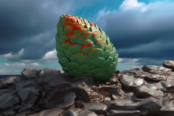 Fantasy Green and Red Dragon Egg. Decorative egg with a pattern is lying on a rock against the background of the sky with clouds. Legend and Fairy Tale. 3D Digital painting