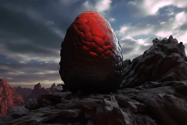 Fantasy Black and Red Dragon Egg. Decorative egg with a pattern is lying on a rock against the background of the sky with clouds. Legend and Fairy Tale. 3D Digital painting