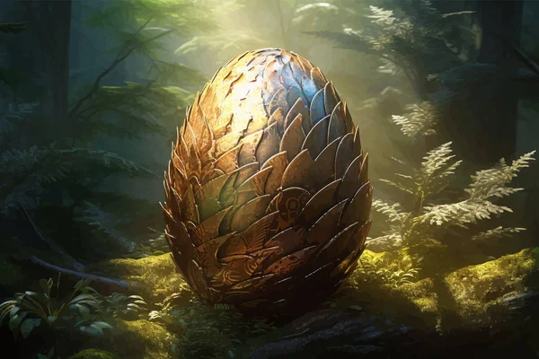 Fantasy Gold Dragon Egg. Decorative egg with a pattern is lying on a rock against the background of the sky with clouds. Legend and Fairy Tale. Colorful 3D Digital painting
