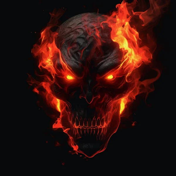 Devil skull with horns and red fire flames. Fantasy monster. Head of The Fire Demon. Lord of Hell. The Eyes of Satan. Isolated on black. 3d Digital illustration