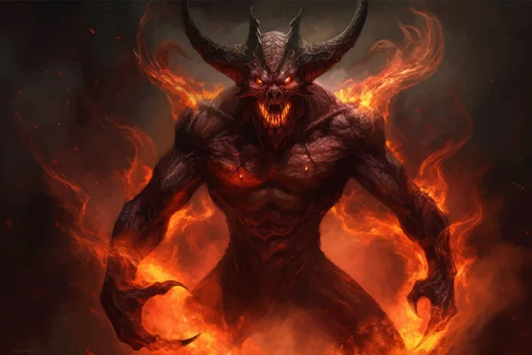 Devil with horns in the flames of fire. Scary Fantasy monster. The Fire Demon with red eyes. Lord of Hell. Satan. Lagend. Isolated on black. 3d Digital illustration