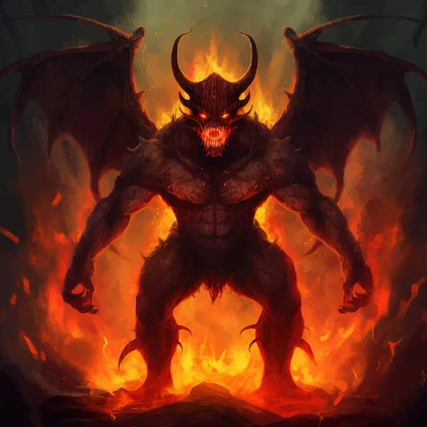 Devil with horns in the flames of fire. Scary Fantasy monster. The Fire Demon with red eyes. Lord of Hell. Satan. Lagend. Isolated on black. 3d Digital illustration