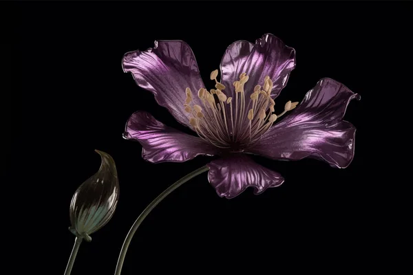 Purple fantasy flower, with delicate petals. Isolated on black background. Close-up. 3d Digital Illustration