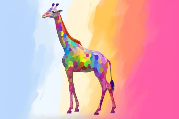 Cute Giraffe in rainbow colors isolated on a multicolored gradient background. Full body. Funny cartoon character. 3D digital illustration for your design