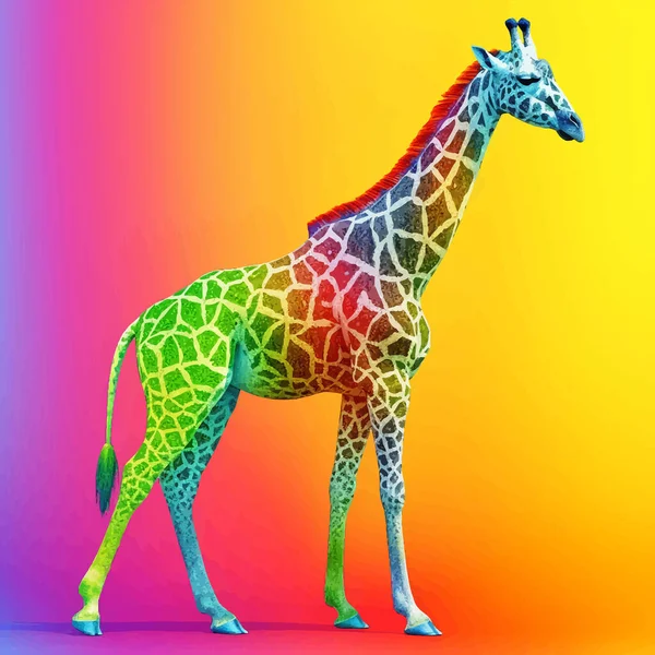 Cute Giraffe in rainbow colors isolated on a multicolored gradient background. Full body. Funny cartoon character. 3D digital illustration for your design