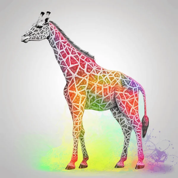 Cute Giraffe in rainbow colors isolated on a grey gradient background. Full body. Funny cartoon character. 3D digital illustration for your design