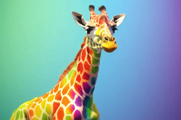Giraffe head in rainbow colors isolated on a multicolored gradient background. Funny Cute artoon character. Copy space. 3D digital illustration for your design