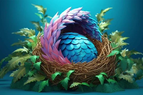 Fantasy Dragon Egg  in a nest with green grass. Decorative Easter egg. Legend and Fairy Tale. 3D Digital painting