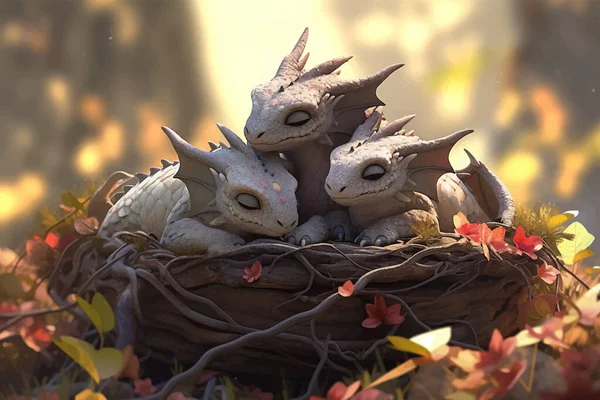 Dragon family. Baby dragons and their parents in a nest in the forest. Super cute fantasy monster. Funny cartoon character. Fabulous scene. Legend and fairy tale. 3d digital illustration for children