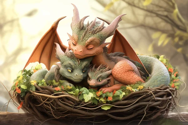 Dragon family. Baby dragons and their parents in a nest in the forest. Super cute fantasy monster. Funny cartoon character. Fabulous scene. Legend and fairy tale. 3d digital illustration for children
