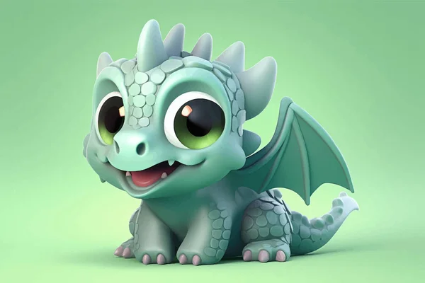 Super cute little baby dragon with big eyes and wings. Fantasy monster. artoon character. Fairy tale. On solid background. 3d digital illustration for children