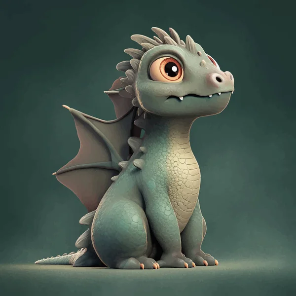 Super cute little baby dragon with big eyes and wings. Fantasy monster. artoon character. Fairy tale. On solid background. 3d digital illustration for children