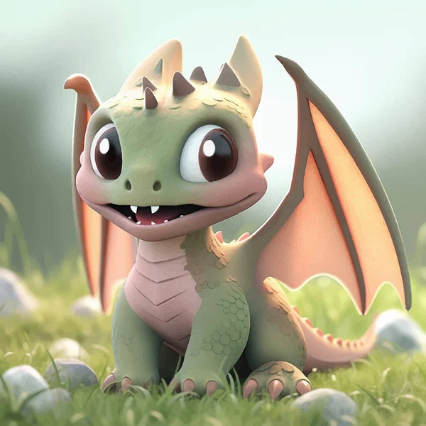 Super cute little baby dragon with big eyes and wings sitting on the grass. Fantasy monster. Cartoon character. Fairy tale. 3d digital illustration for children
