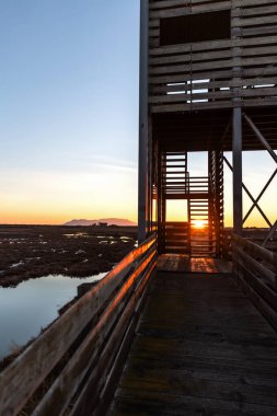 Dedeağaç, Dadia ormanı ve Türkiye sınırı yakınlarındaki Evros Deltası Ulusal Parkı 'nda günbatımında veya gündoğumunda panoramik manzara, su yansıması.