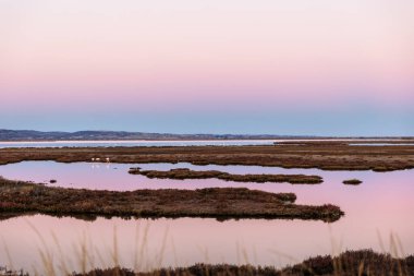 Dedeağaç ve Türkiye sınırı yakınlarındaki Evros Deltası Ulusal Parkı 'nda gün batımı veya gün doğumu, Dadia ormanı ve koruma altındaki sulak arazi.