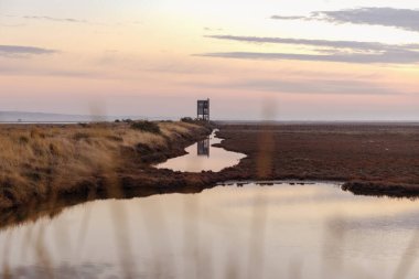 Yunanistan 'ın Trakya kentinde, Türk sınırları yakınlarındaki Feres ve Dedeağaç yakınlarındaki Sulak Ulusal Park Delta Evros' ta güzel bir gün batımı veya gün doğumu manzarası, panoramik.