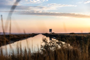 Yunanistan 'ın Trakya kentinde, Türk sınırları yakınlarındaki Feres ve Dedeağaç yakınlarındaki Sulak Ulusal Park Delta Evros' ta güzel bir gün batımı veya gün doğumu manzarası, panoramik.