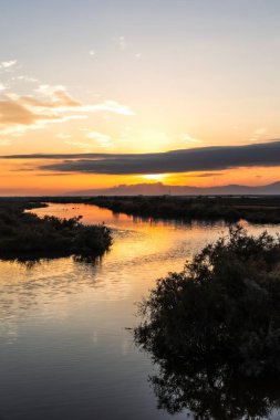 Yunanistan 'ın Trakya kentinde, Türk sınırları yakınlarındaki Feres ve Dedeağaç yakınlarındaki Sulak Ulusal Park Delta Evros' ta güzel bir gün batımı veya gün doğumu manzarası, panoramik.
