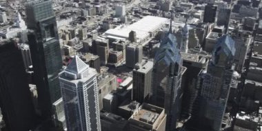 aerial view of towers and buildings, daytime drone camera