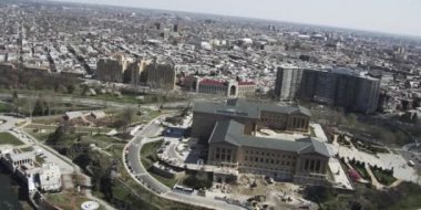 aerial view of towers and buildings, daytime drone camera