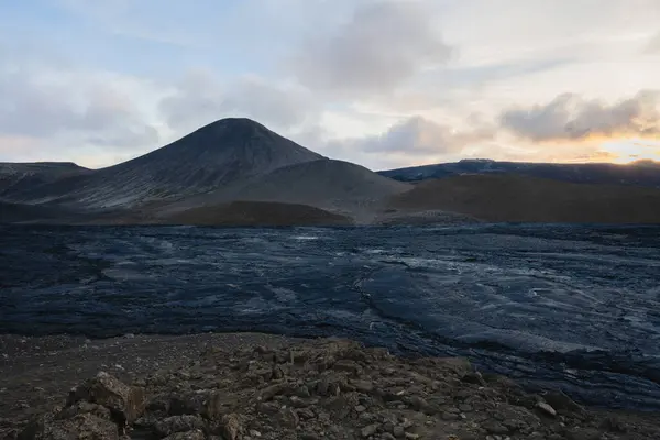 Puesta Sol Lava Litli Hrtur Volcán Islandia — Foto de Stock