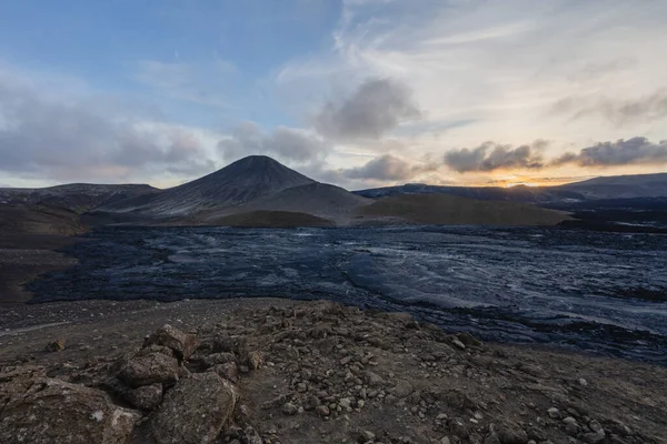 Puesta Sol Lava Litli Hrtur Volcán Islandia — Foto de Stock