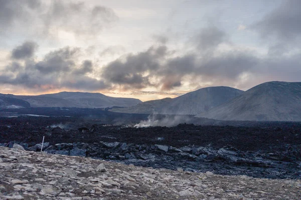 Sunset Lava Litli Hrtur Volcano Iceland — Stock Photo, Image