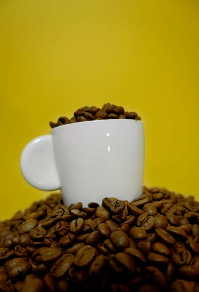 White cup on top of a mountain of coffee beans on a yellow background