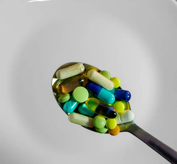 Centered Close Colorful Pills Capsules Spoon — Stock Photo, Image