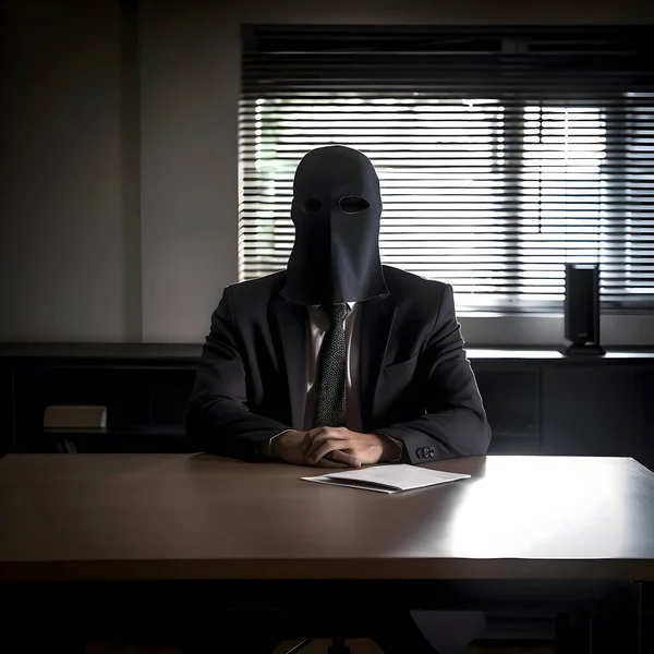 Hacker Man with mask on office background
