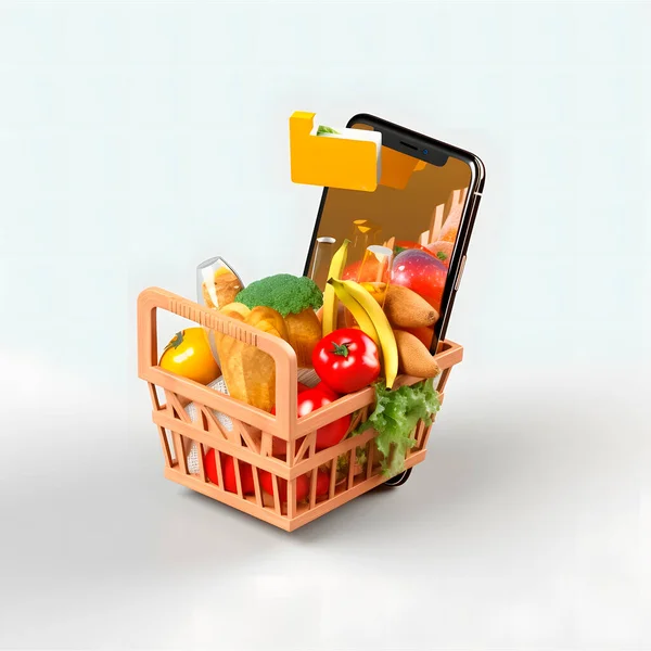 Service for delivery app. Food market in laptop. Online shop on web site. Food delivery background