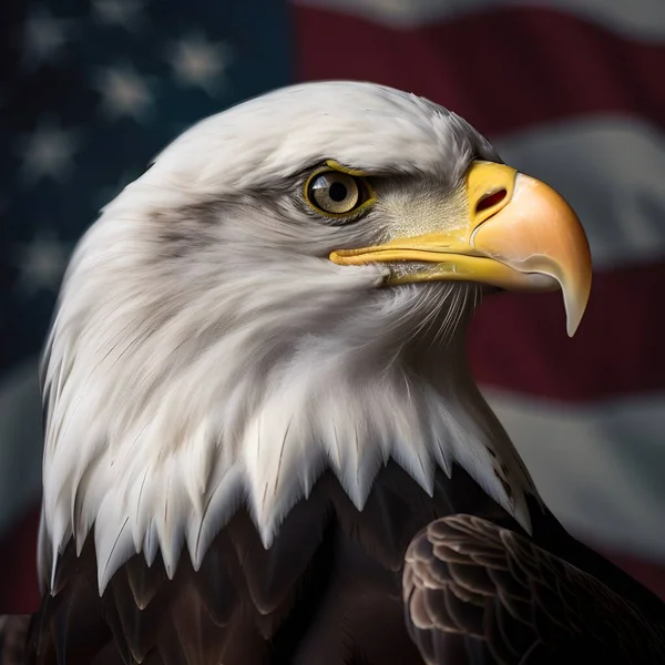 Bald eagle taking flight in front of an American flag