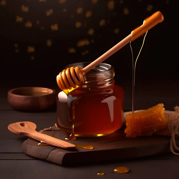 Honey cream jar banner with honeycombs and pure honey