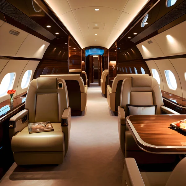 Luxury interior in the modern business jet and sunlight at the window/sky
