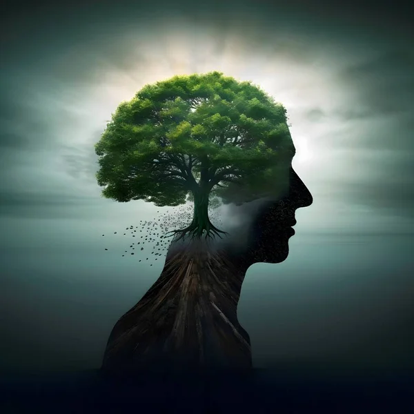 Tree brain with human head cape, idea concept of thinking hope freedom and mind , surreal artwork, dream art